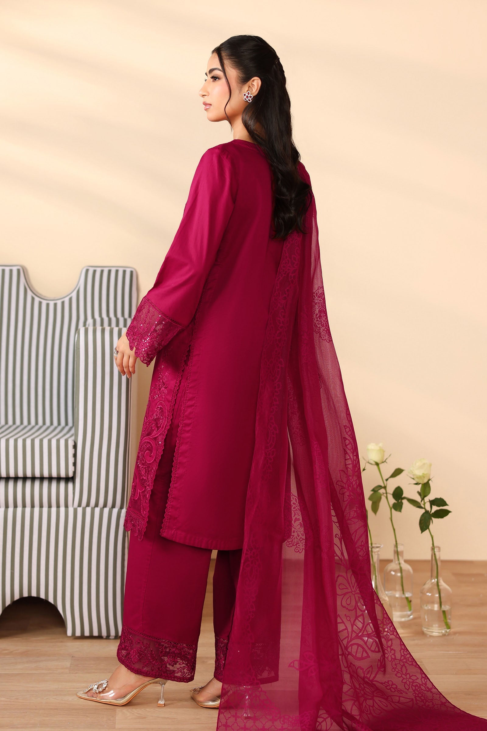 Maria B | Pre Fall Dresses | 3 Piece Embroidered Dobby Suit Maroon - Official Maria B - Agha Fabrics UK
