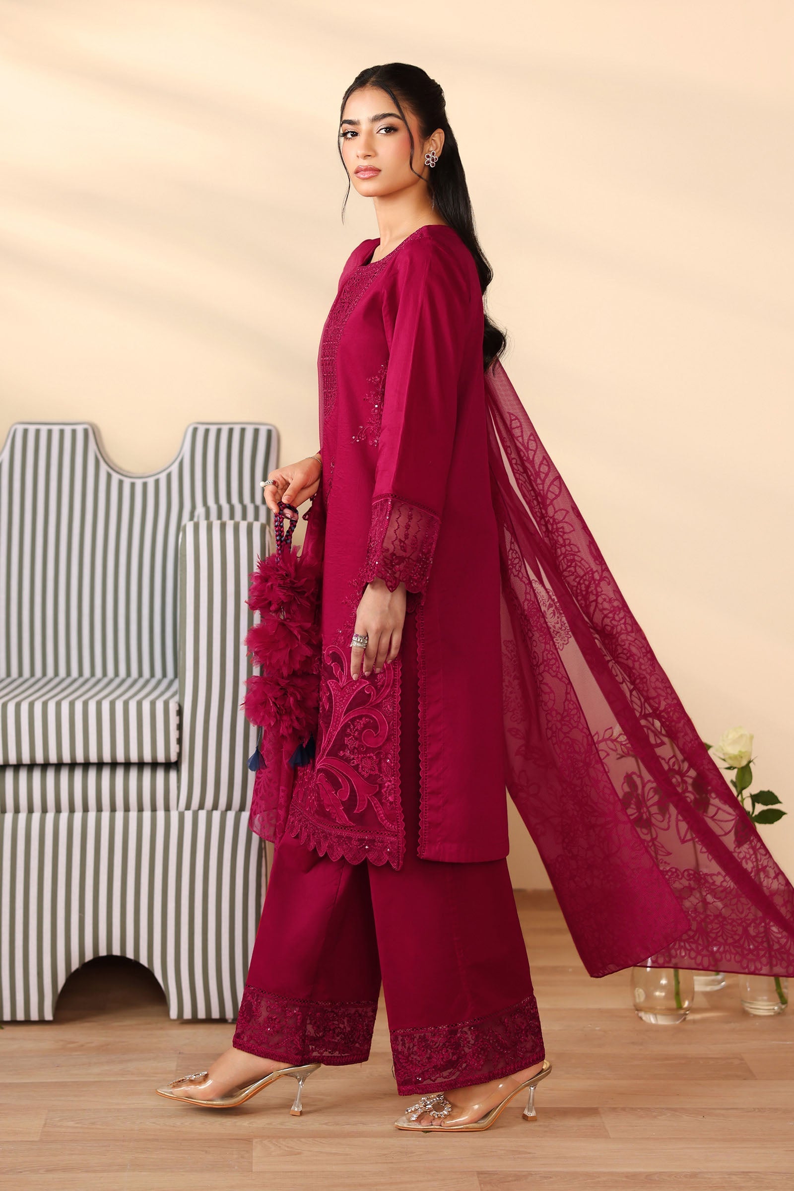 Maria B | Pre Fall Dresses | 3 Piece Embroidered Dobby Suit Maroon - Official Maria B - Agha Fabrics UK