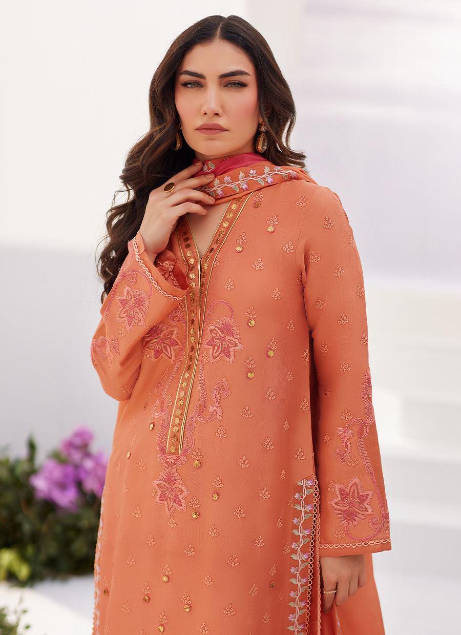 Farah Talib Aziz | Zaza Luxe Pret 24 | ELYNA CORAL EMBROIDERED RAW SILK SHIRT AND DUPATTA