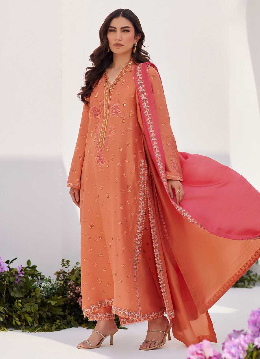 Farah Talib Aziz | Zaza Luxe Pret 24 | ELYNA CORAL EMBROIDERED RAW SILK SHIRT AND DUPATTA