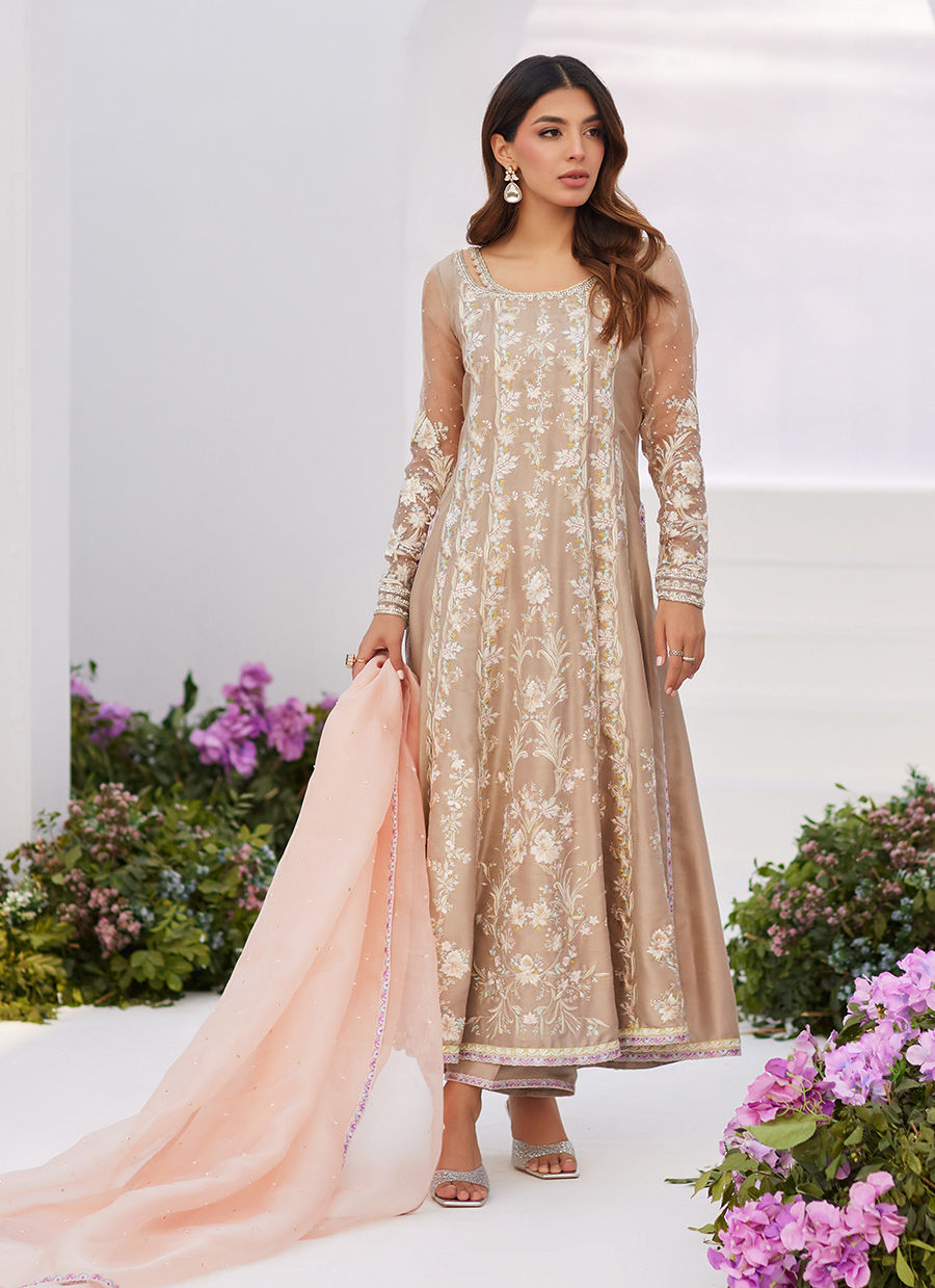 Farah Talib Aziz | Zaza Luxe Pret 24 | CHARLENE SAND EMBROIDERED KALIDAAR WITH DUPATTA