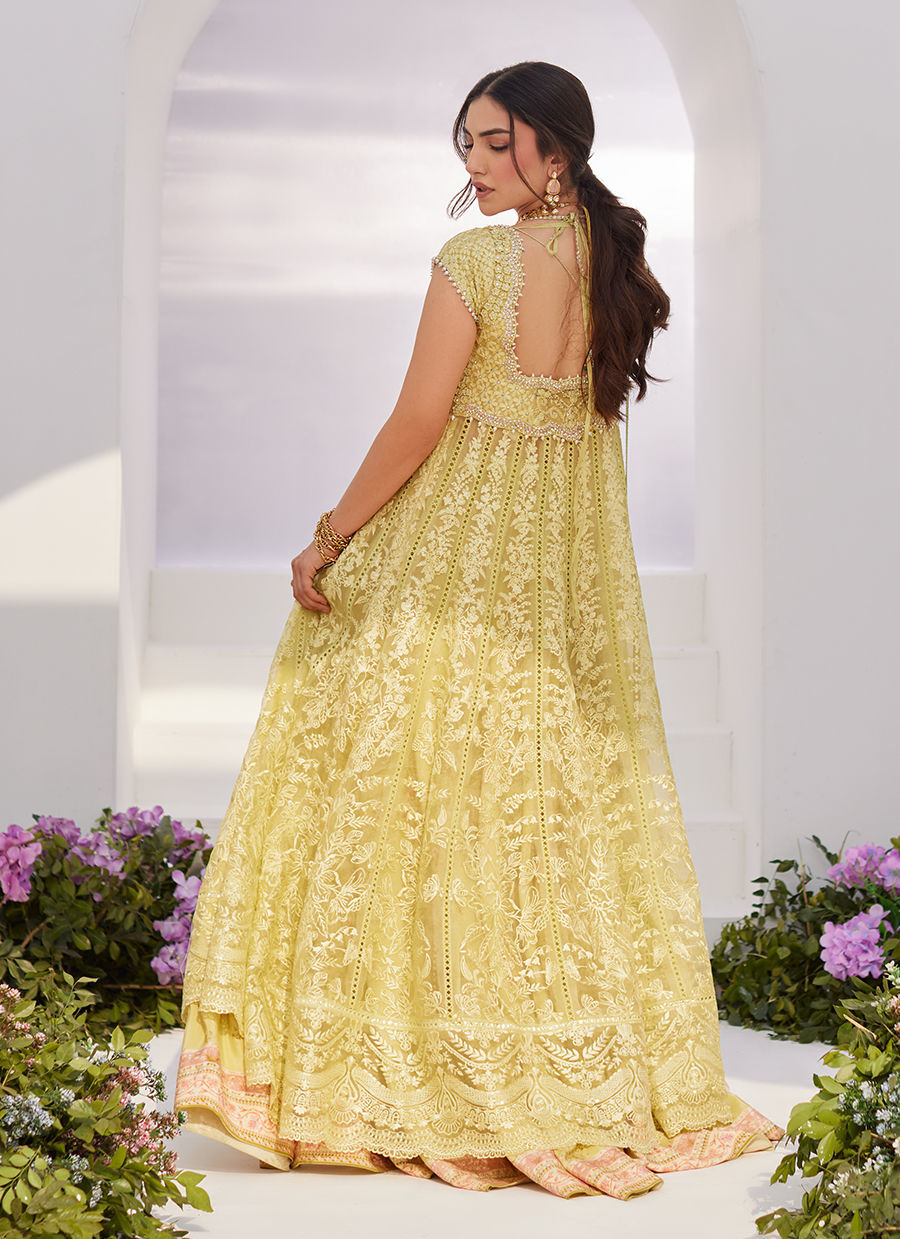 Farah Talib Aziz | Zaza Luxe Pret 24 | REINE KIWI EMBROIDERED EMBELLISHED KALIDAAR