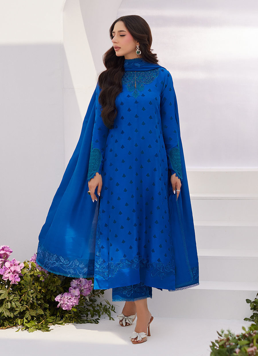 Farah Talib Aziz | Zaza Luxe Pret 24 | CHARR BLUE EMBROIDERED RAW SILK SHIRT AND DUPATTA