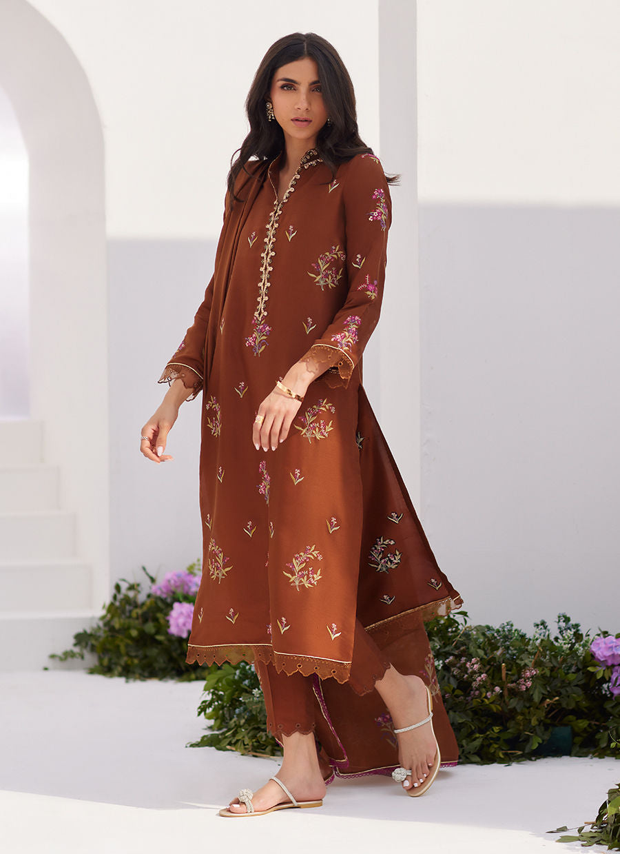 Farah Talib Aziz | Zaza Luxe Pret 24 | NOEMIE CHOCOLATE EMBROIDERED RAW SILK SHIRT AND DUPATTA