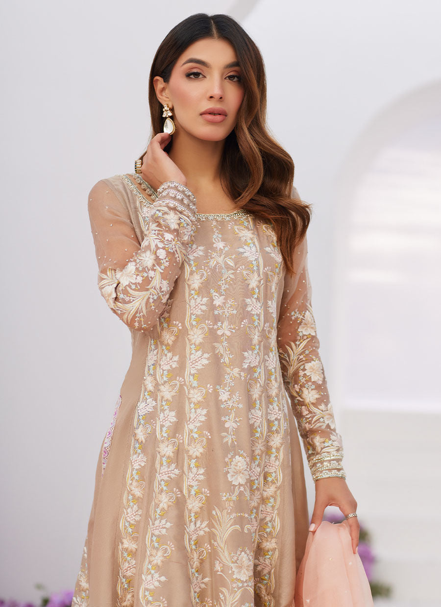 Farah Talib Aziz | Zaza Luxe Pret 24 | CHARLENE SAND EMBROIDERED KALIDAAR WITH DUPATTA