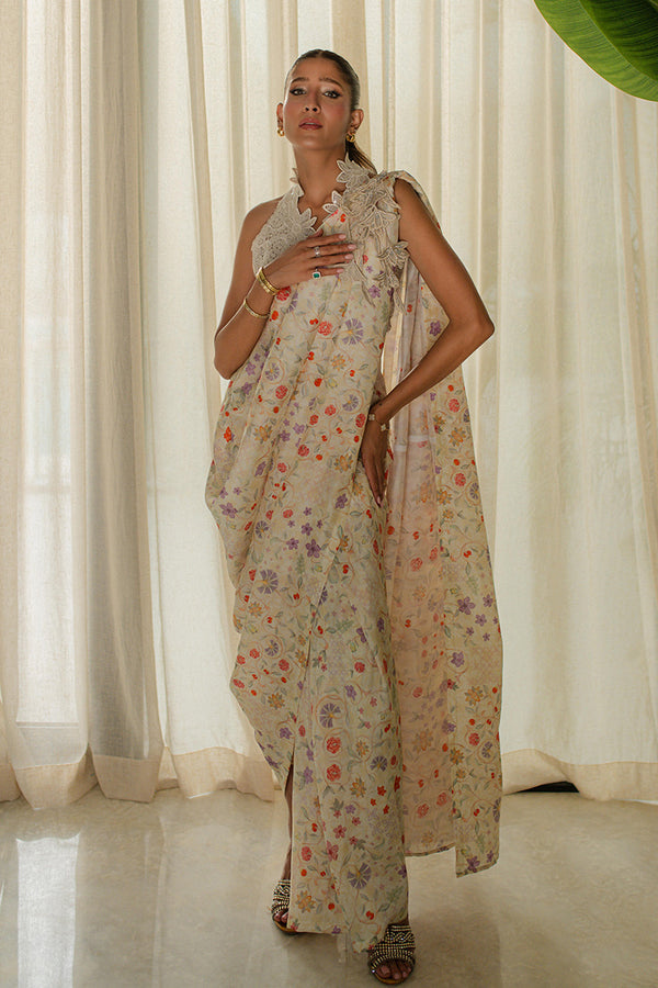 Mina Hassan | Signature Prints | Wrapped Goddess Stitched Saree