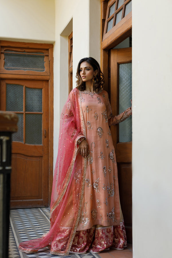 Wahajmkhan | Bahar Begum Formals | PEACH CORAL BAHAR OUTFIT