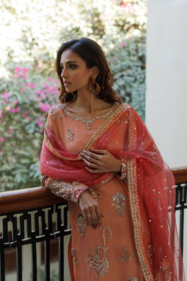 Wahajmkhan | Bahar Begum Formals | PEACH CORAL BAHAR OUTFIT