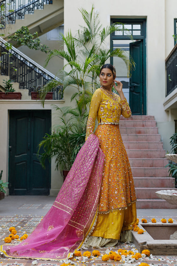 Wahajmkhan | Bahar Begum Formals | MUSTARD LAYERED LEHNGA CHOLI