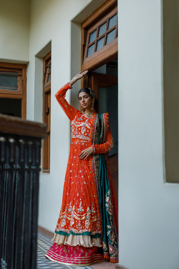 Wahajmkhan | Bahar Begum Formals | BURNT & EMERALD SHAWL ANARKALI
