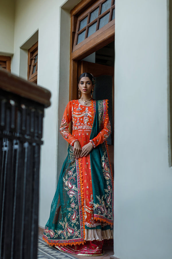 Wahajmkhan | Bahar Begum Formals | BURNT & EMERALD SHAWL ANARKALI