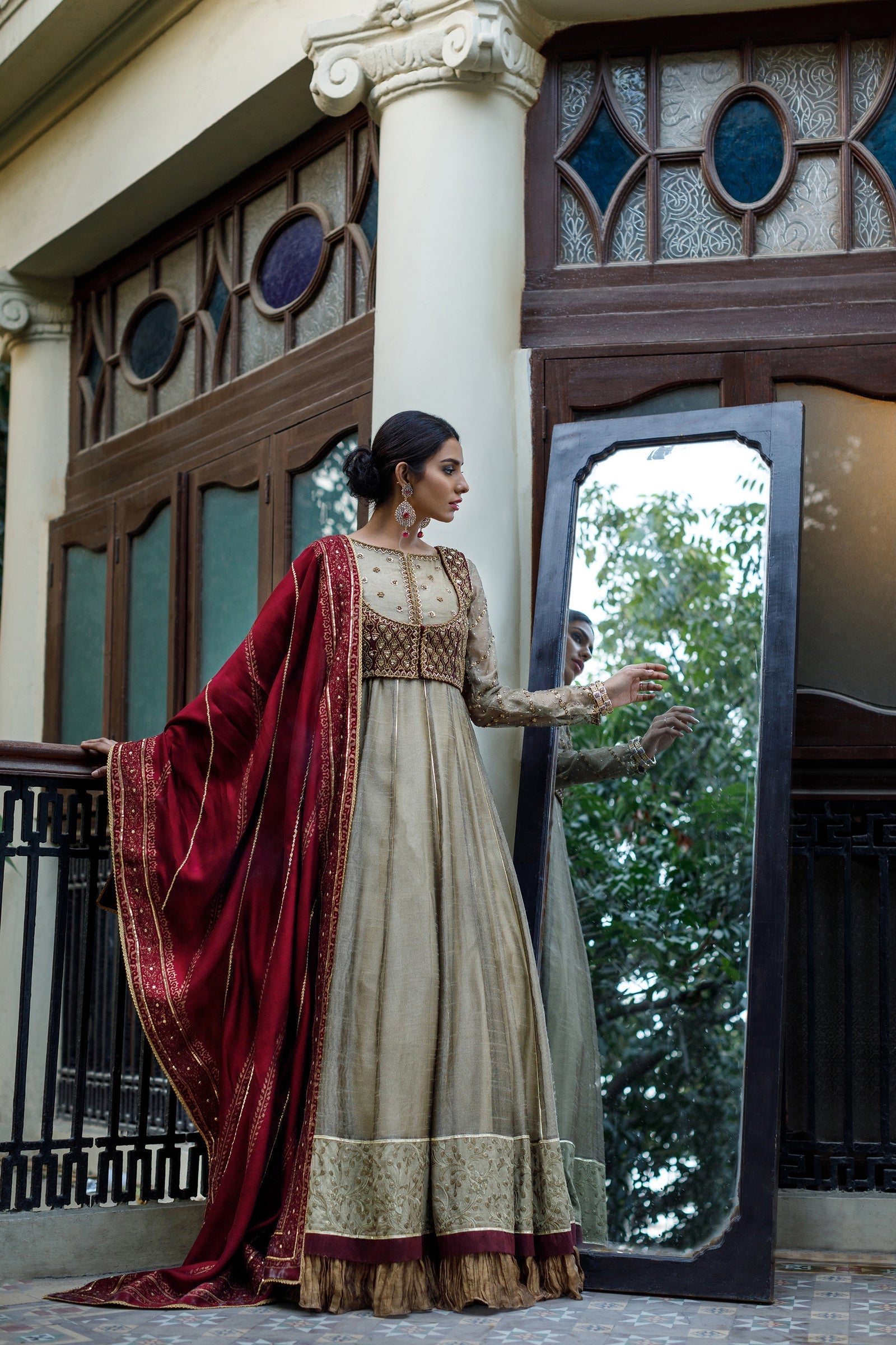 Wahajmkhan | Bahar Begum Formals | IVORY & MAROON BEGUM PESHWAS