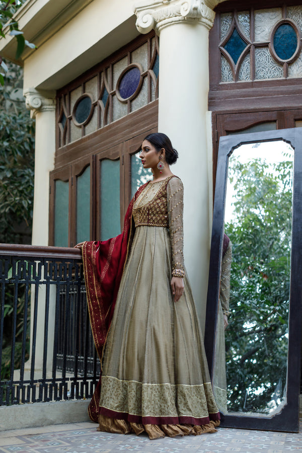 Wahajmkhan | Bahar Begum Formals | IVORY & MAROON BEGUM PESHWAS