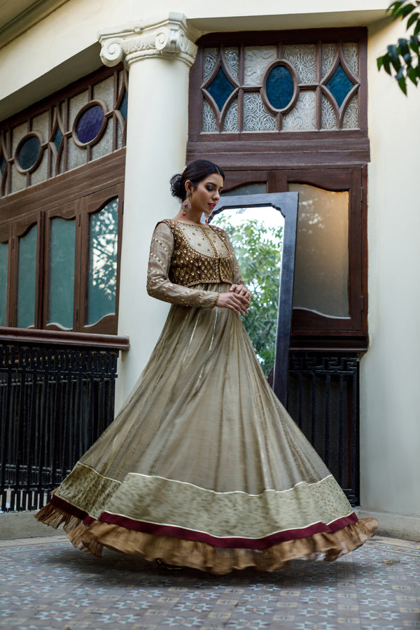Wahajmkhan | Bahar Begum Formals | IVORY & MAROON BEGUM PESHWAS