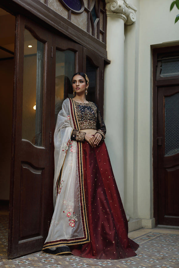 Wahajmkhan | Bahar Begum Formals | BLACK & MAROON BEGUM LEHNGA