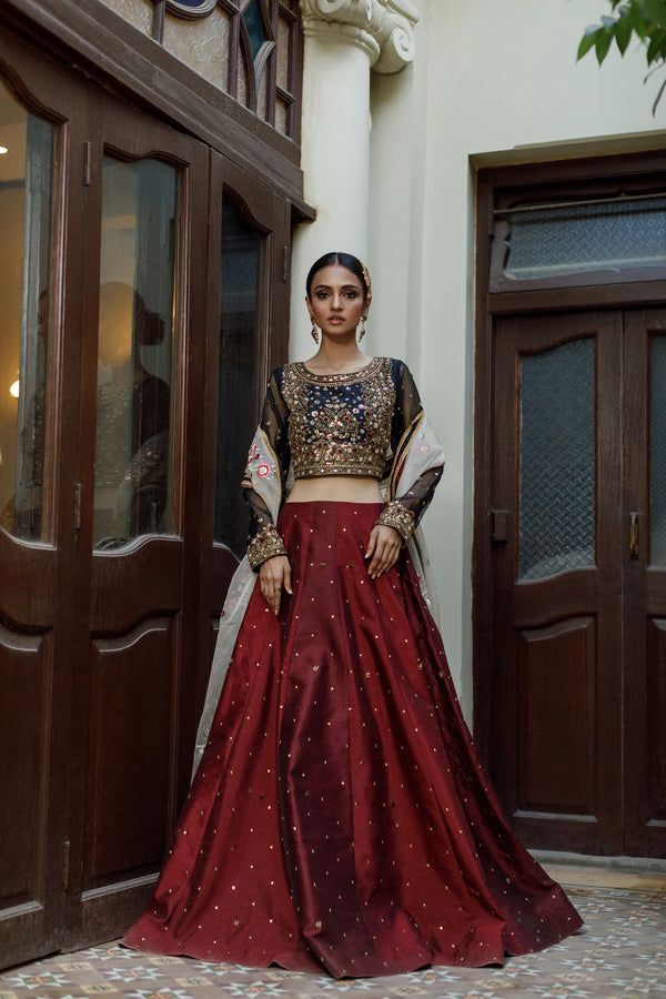 Wahajmkhan | Bahar Begum Formals | BLACK & MAROON BEGUM LEHNGA