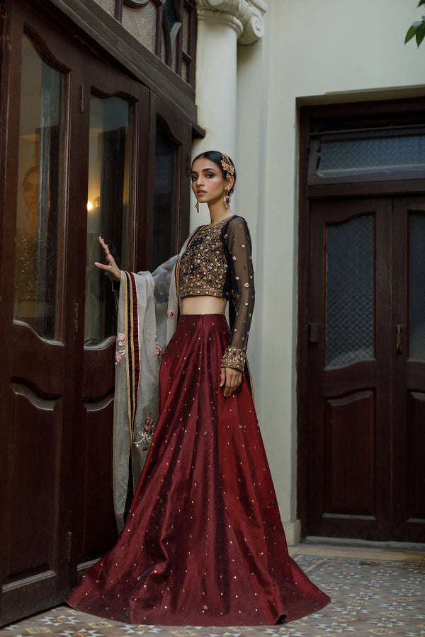 Wahajmkhan | Bahar Begum Formals | BLACK & MAROON BEGUM LEHNGA