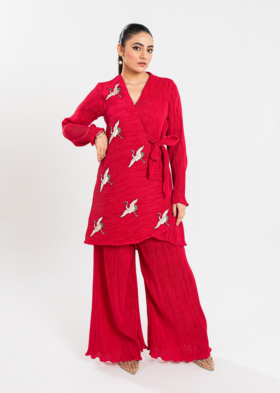Maria Osama Khan | Claire Pleated Silk | Scarlet - Official Maria Osama Khan - Agha Fabrics UK