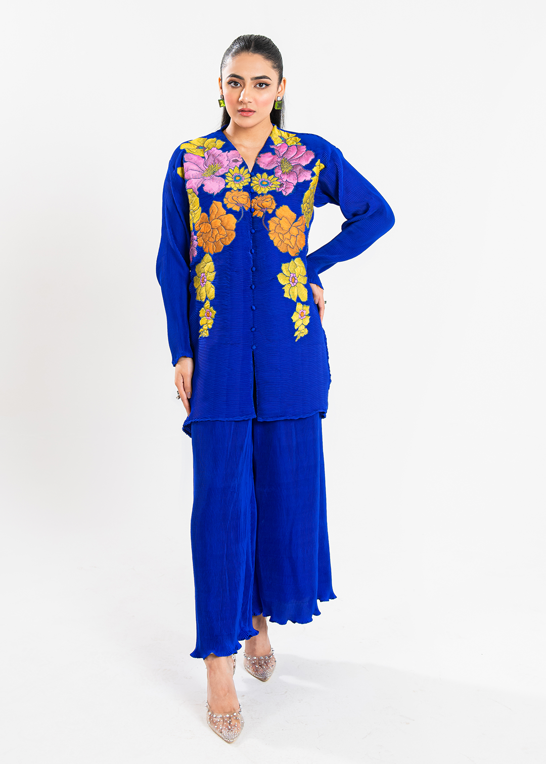 Maria Osama Khan | Claire Pleated Silk | Azure -  Maria Osama Khan Formal -  Agha Fabrics