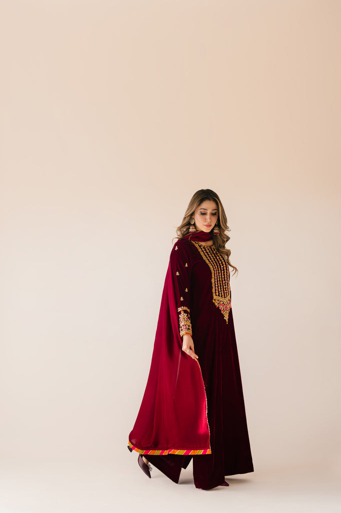 Sammy K | Velvet Festive Edit | Maroon Maxi velvet Outfit