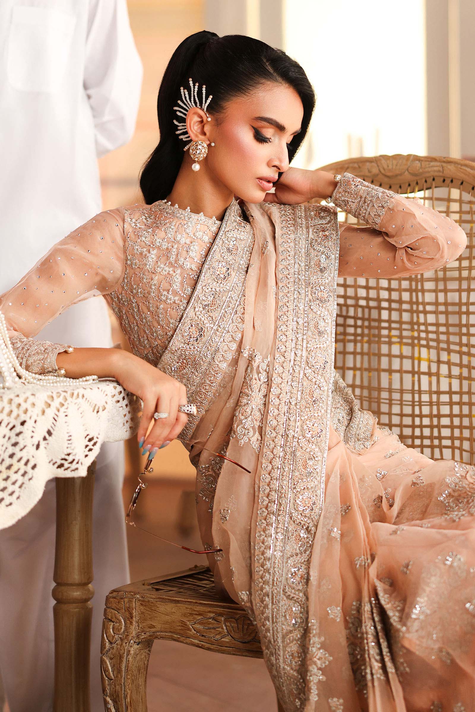 Maria B | Pre Fall Dresses | Embroidered Organza Saree Peach - Official Maria B - Agha Fabrics UK