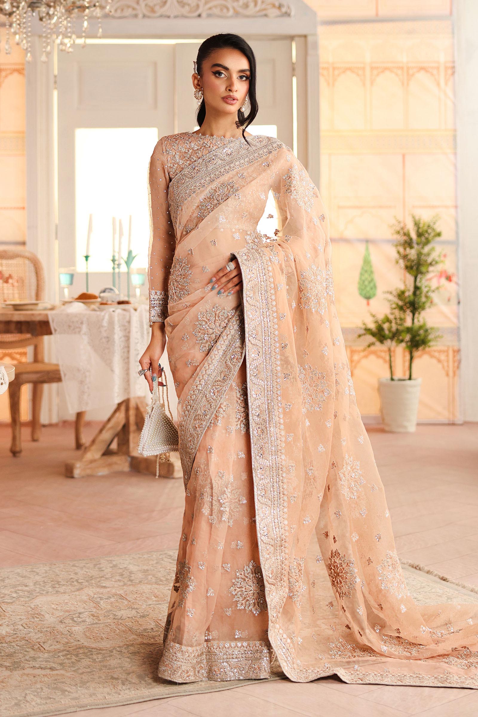 Maria B | Pre Fall Dresses | Embroidered Organza Saree Peach - Official Maria B - Agha Fabrics UK