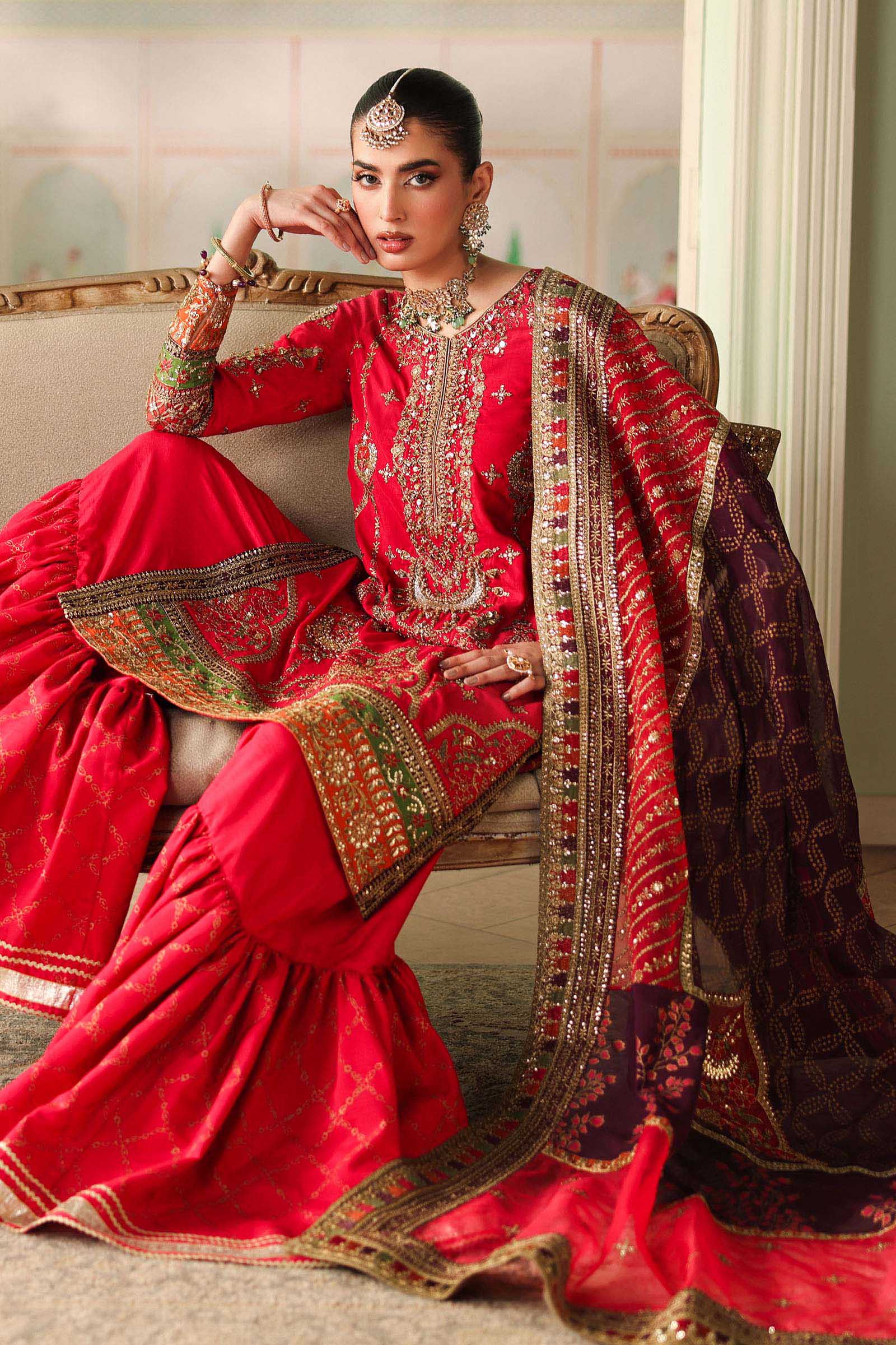 Maria B | Pre Fall Dresses | 3 Piece Embroidered Bamber Raw Silk Suit Carrot Pink - Official Maria B - Agha Fabrics UK