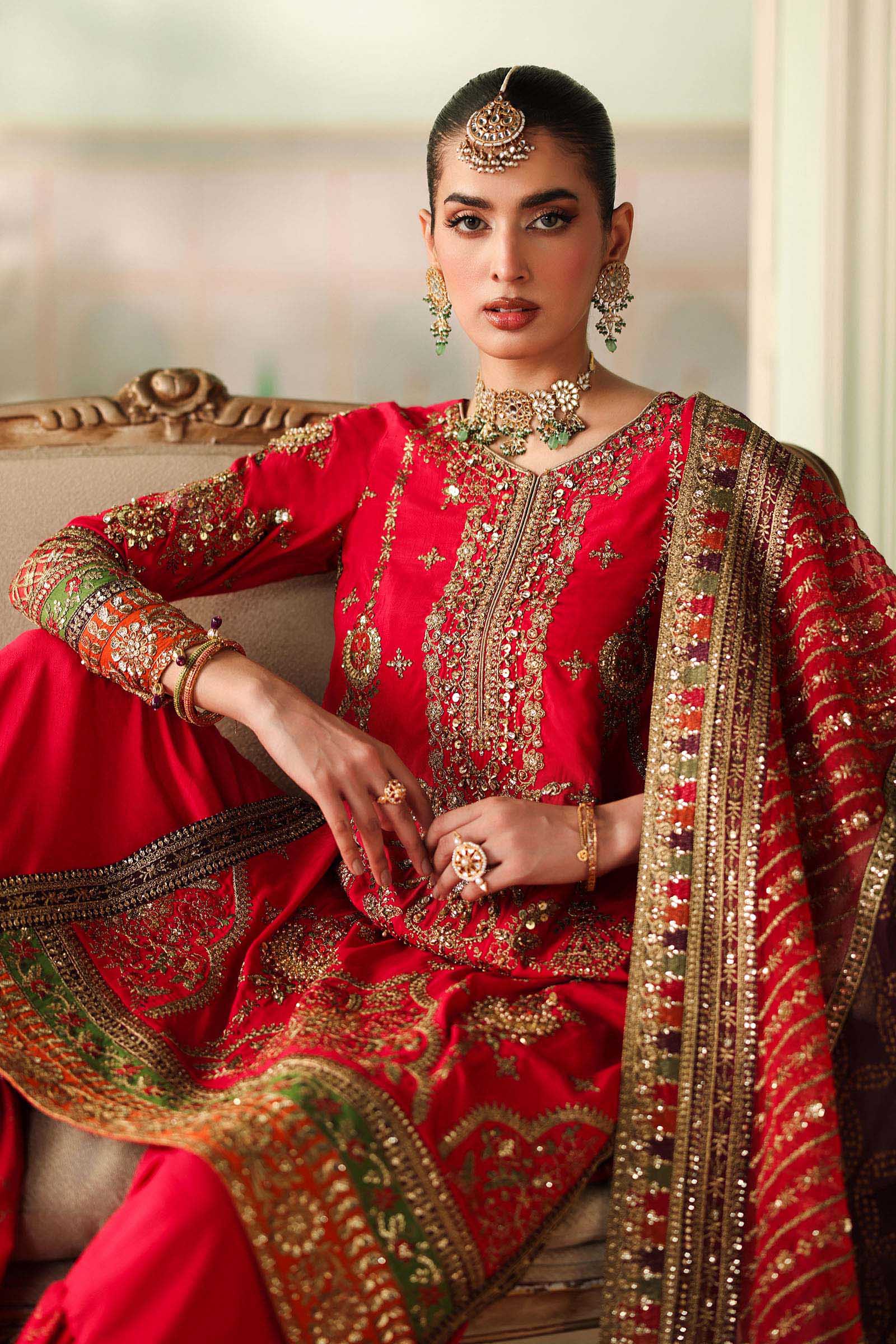 Maria B | Pre Fall Dresses | 3 Piece Embroidered Bamber Raw Silk Suit Carrot Pink - Official Maria B - Agha Fabrics UK