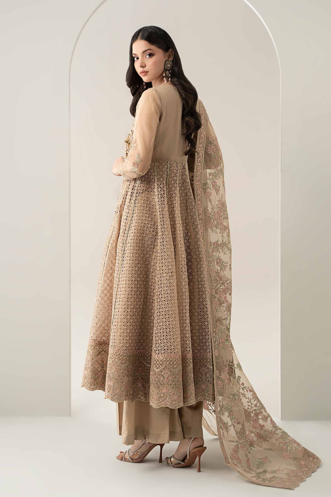 Maria B | Pre Fall Dresses | 3 Piece Embroidered Organza Suit Beige - Official Maria B - Agha Fabrics UK