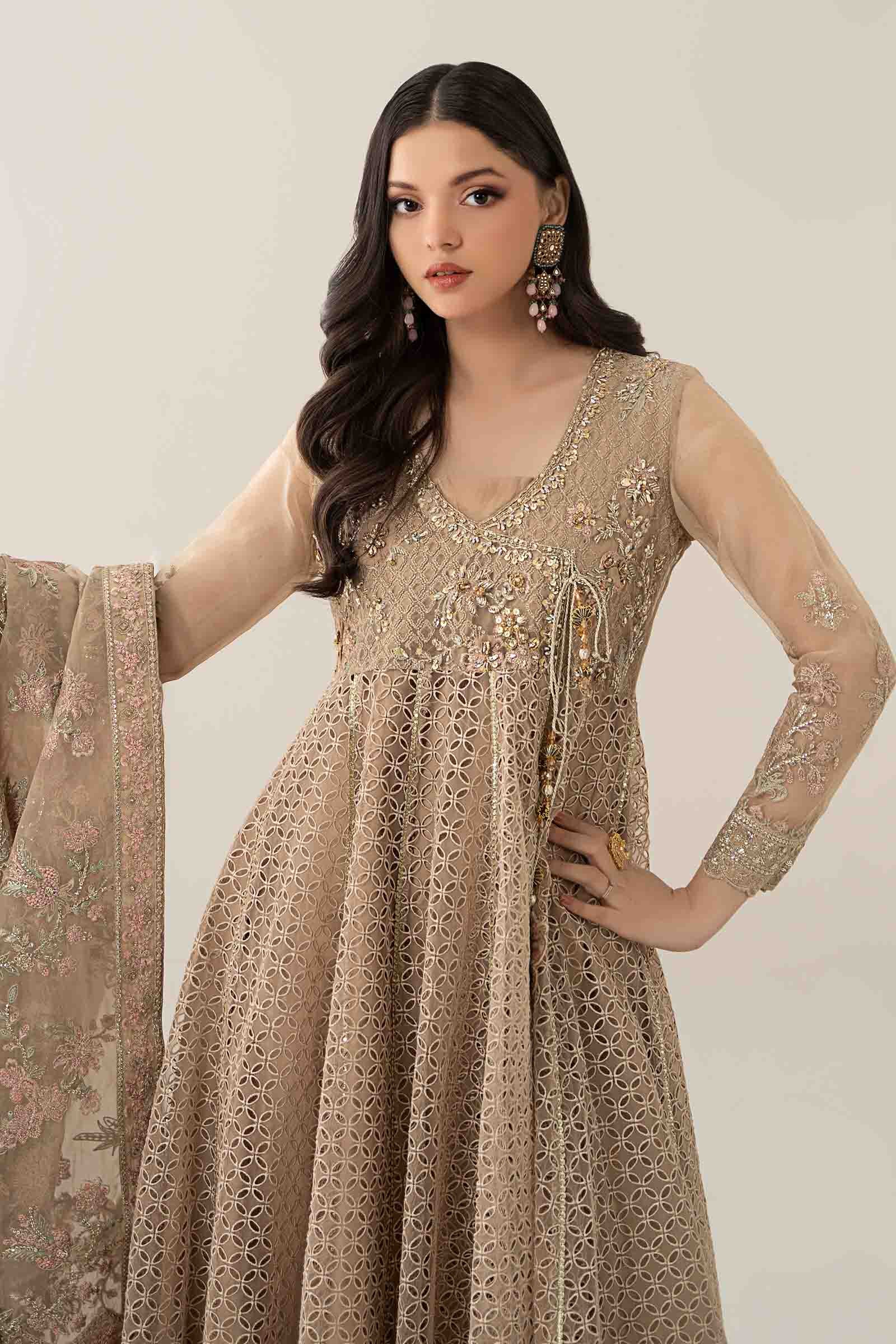 Maria B | Pre Fall Dresses | 3 Piece Embroidered Organza Suit Beige - Official Maria B - Agha Fabrics UK