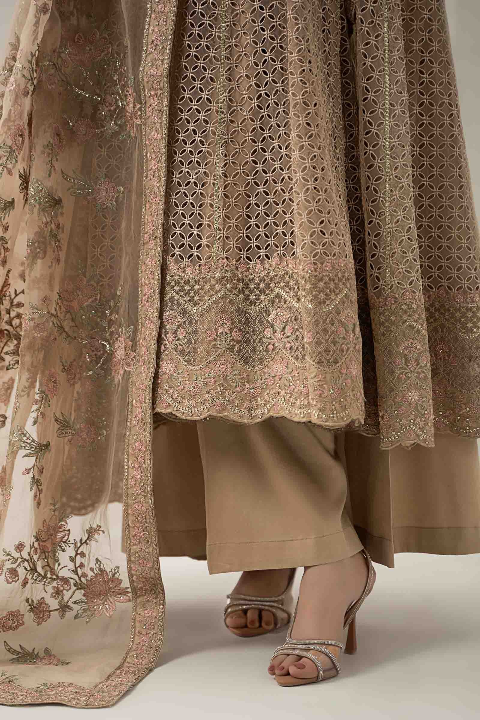 Maria B | Pre Fall Dresses | 3 Piece Embroidered Organza Suit Beige - Official Maria B - Agha Fabrics UK