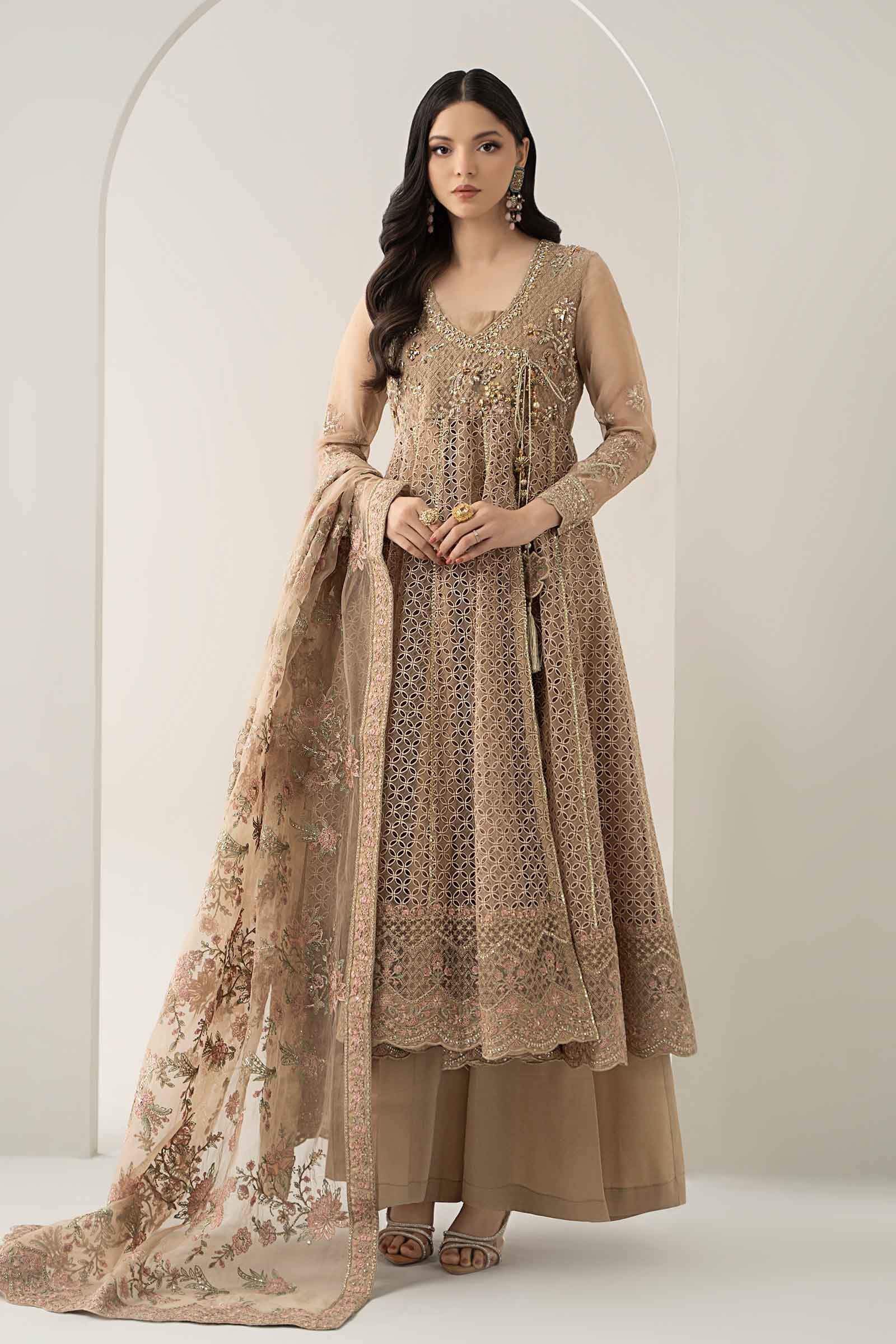Maria B | Pre Fall Dresses | 3 Piece Embroidered Organza Suit Beige - Official Maria B - Agha Fabrics UK