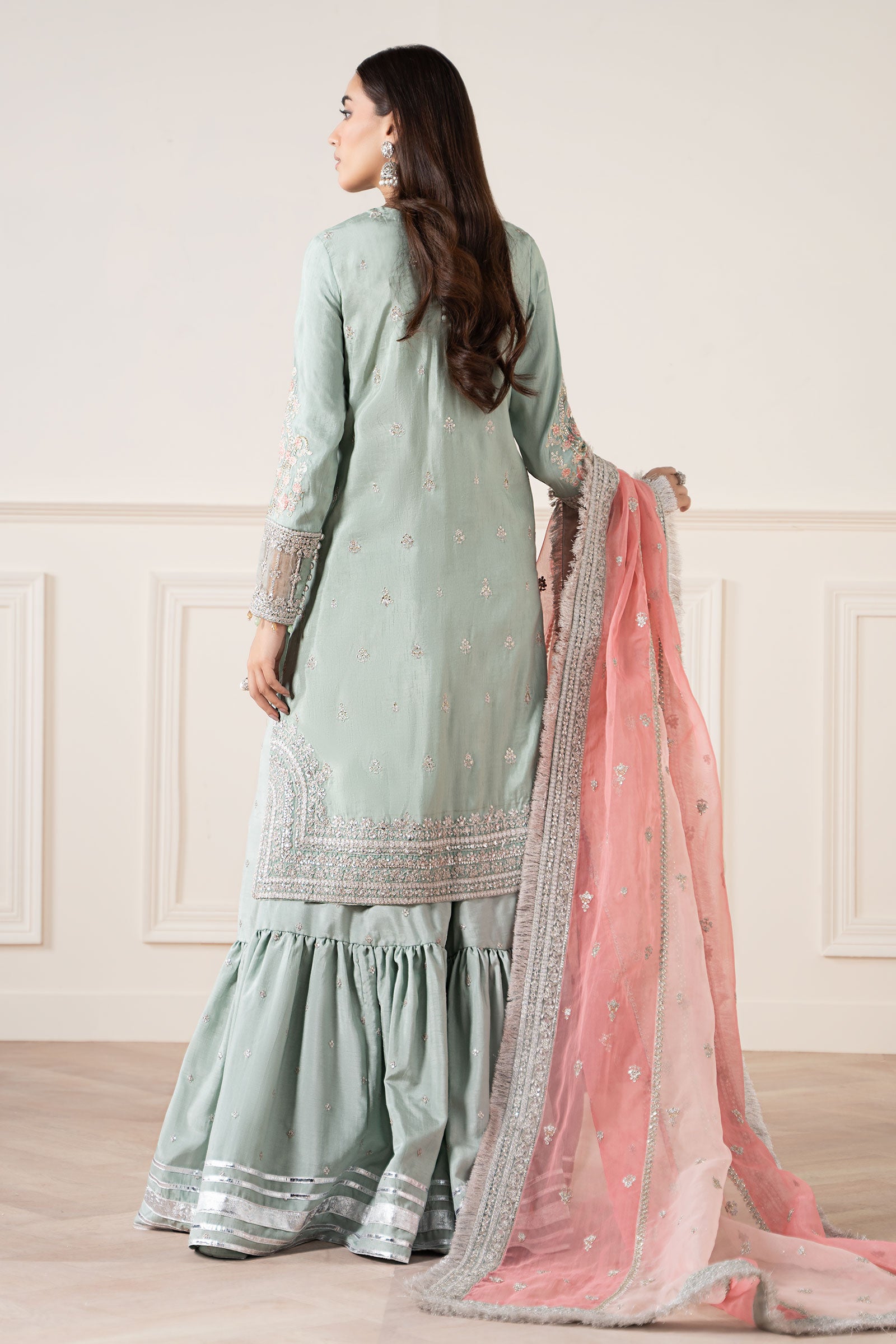 Maria B | Pre Fall Dresses | 3 Piece Embroidered Raw Silk Suit Sea Green - Official Maria B - Agha Fabrics UK