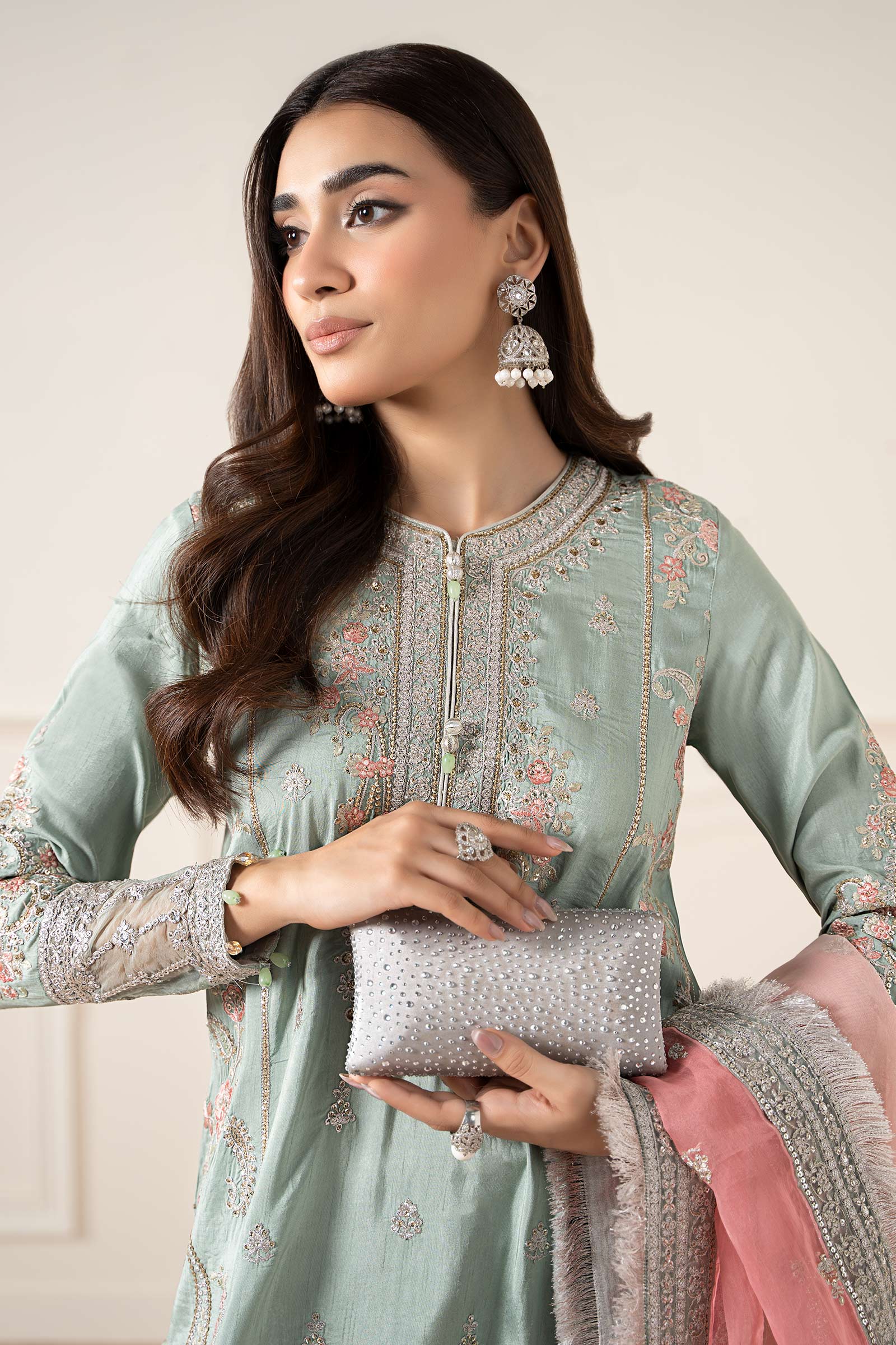 Maria B | Pre Fall Dresses | 3 Piece Embroidered Raw Silk Suit Sea Green - Official Maria B - Agha Fabrics UK