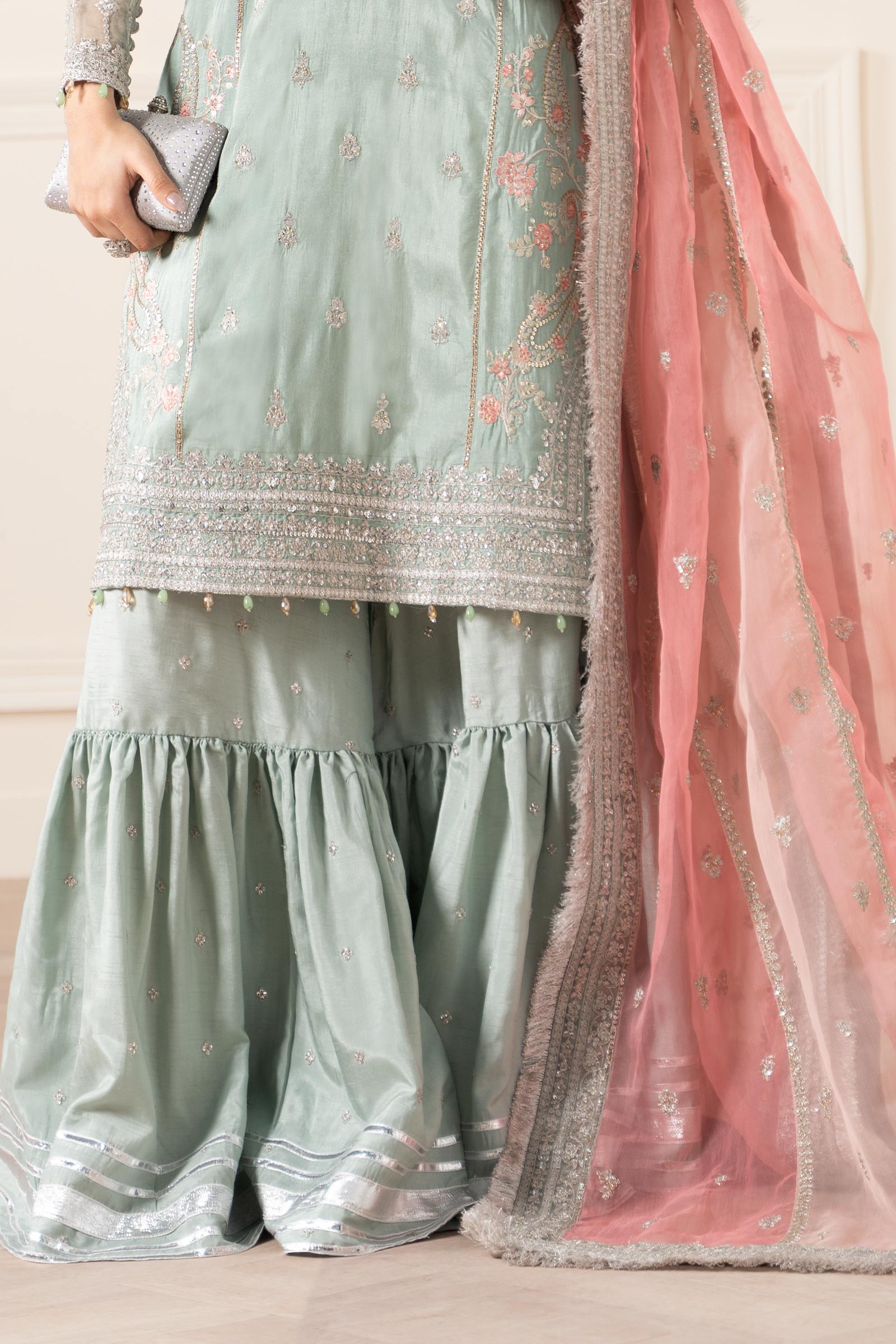 Maria B | Pre Fall Dresses | 3 Piece Embroidered Raw Silk Suit Sea Green - Official Maria B - Agha Fabrics UK