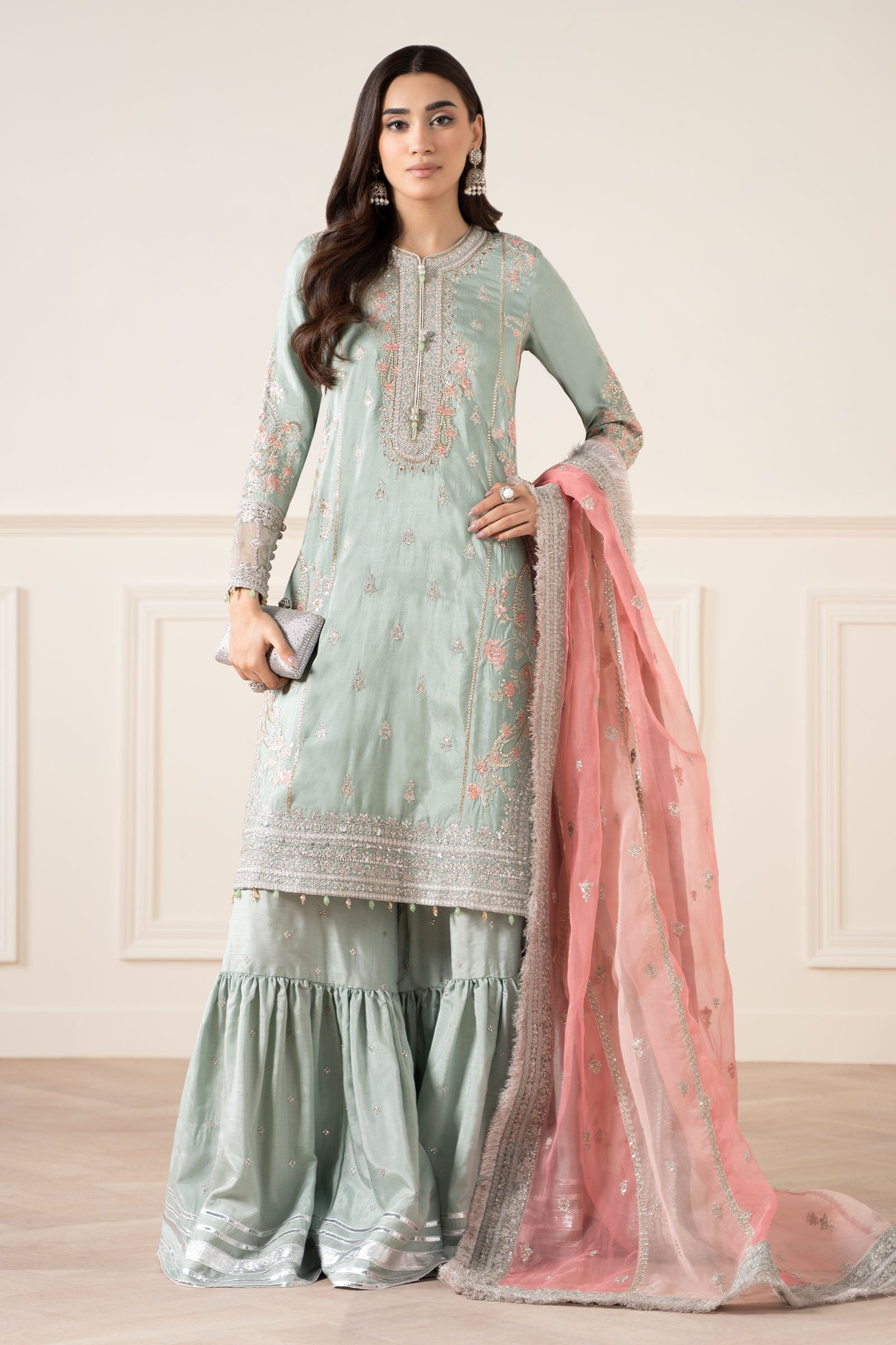 Maria B | Pre Fall Dresses | 3 Piece Embroidered Raw Silk Suit Sea Green - Official Maria B - Agha Fabrics UK