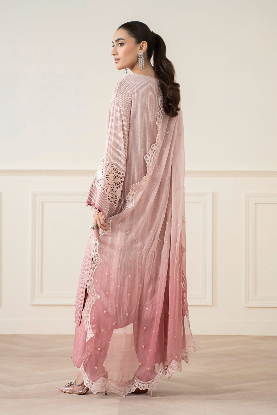 Maria B | Pre Fall Dresses | 3 Piece Embroidered Chiffon Suit Pink - Official Maria B - Agha Fabrics UK