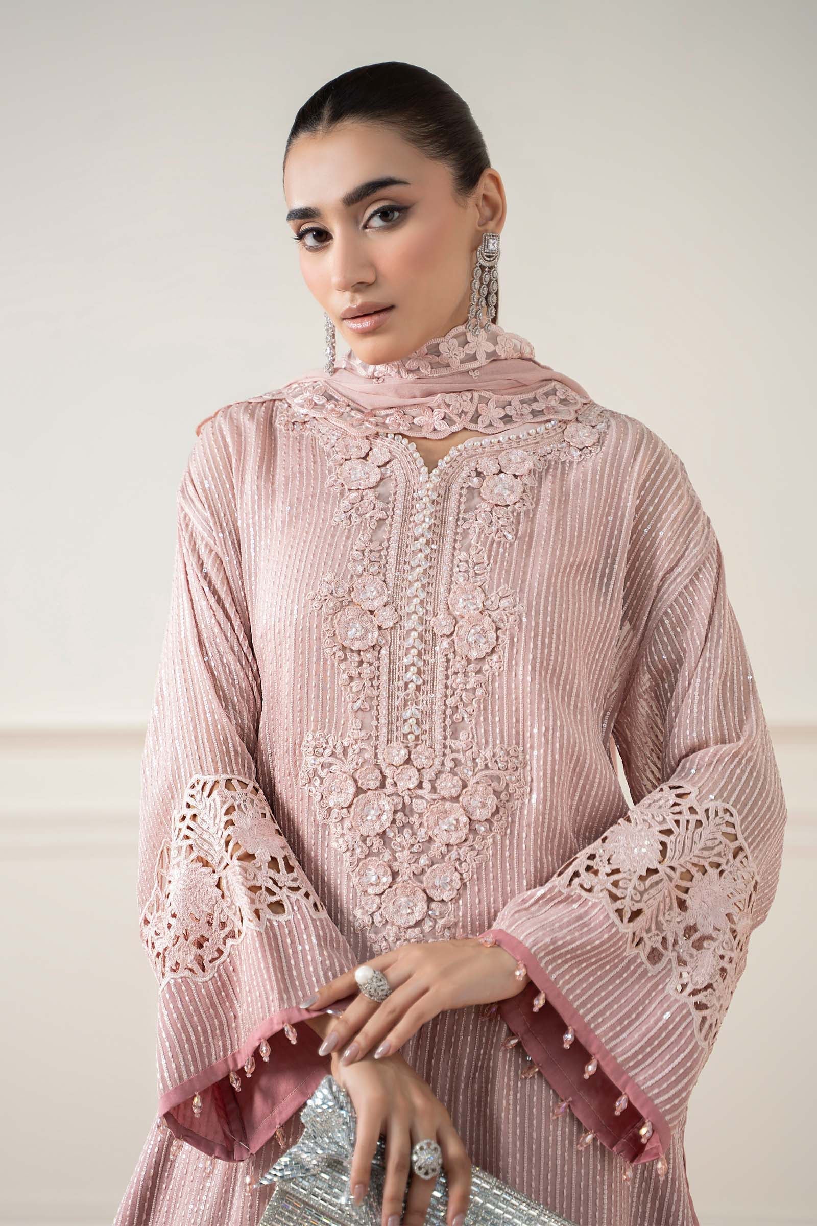 Maria B | Pre Fall Dresses | 3 Piece Embroidered Chiffon Suit Pink - Official Maria B - Agha Fabrics UK