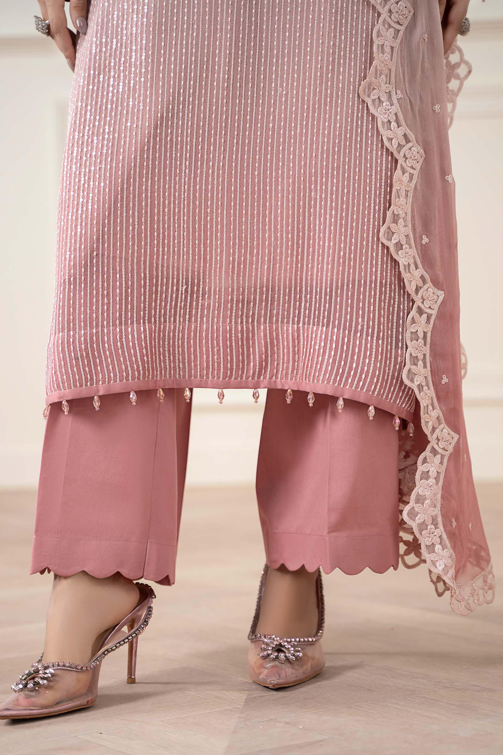 Maria B | Pre Fall Dresses | 3 Piece Embroidered Chiffon Suit Pink - Official Maria B - Agha Fabrics UK