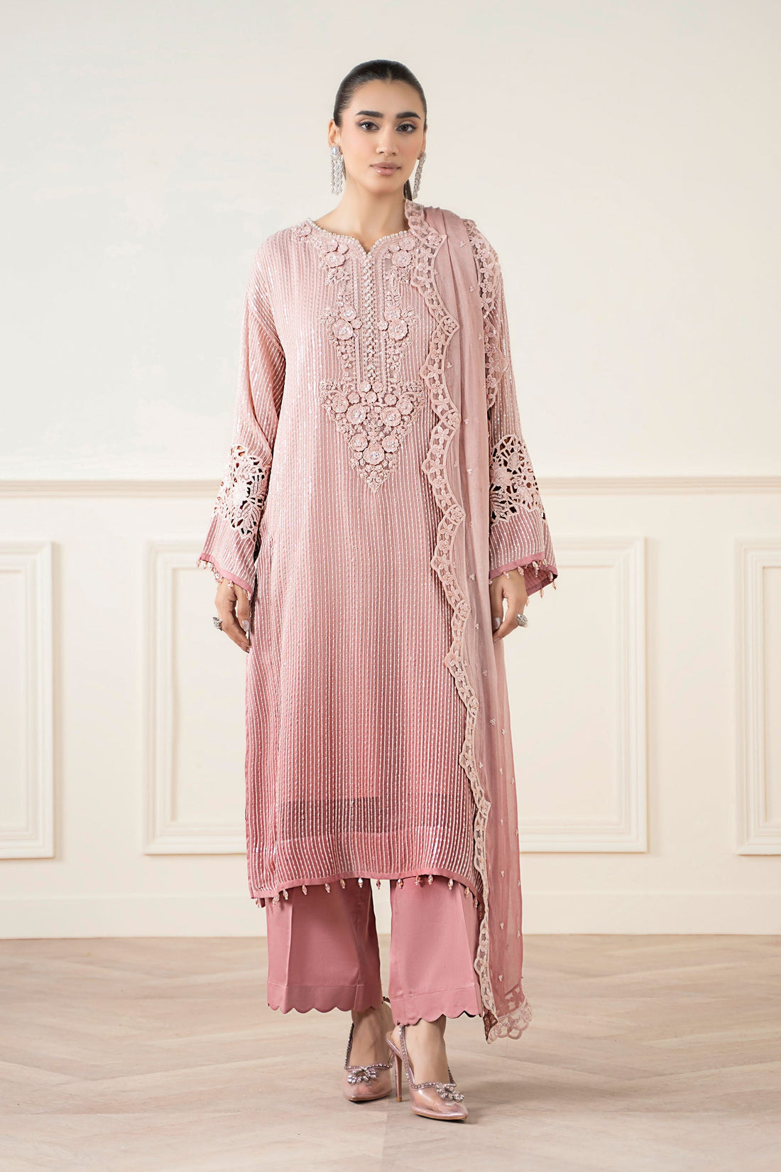 Maria B | Pre Fall Dresses | 3 Piece Embroidered Chiffon Suit Pink - Official Maria B - Agha Fabrics UK