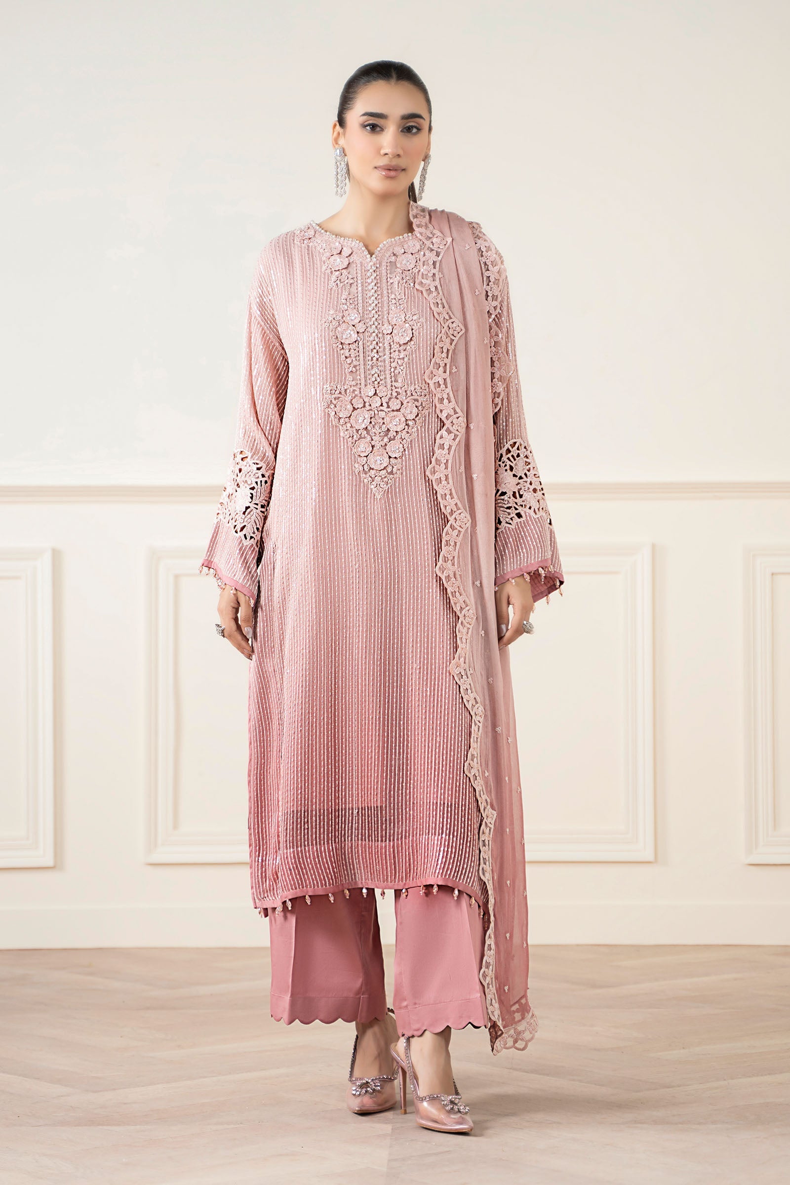 Maria B | Pre Fall Dresses | 3 Piece Embroidered Chiffon Suit Pink - Official Maria B - Agha Fabrics UK