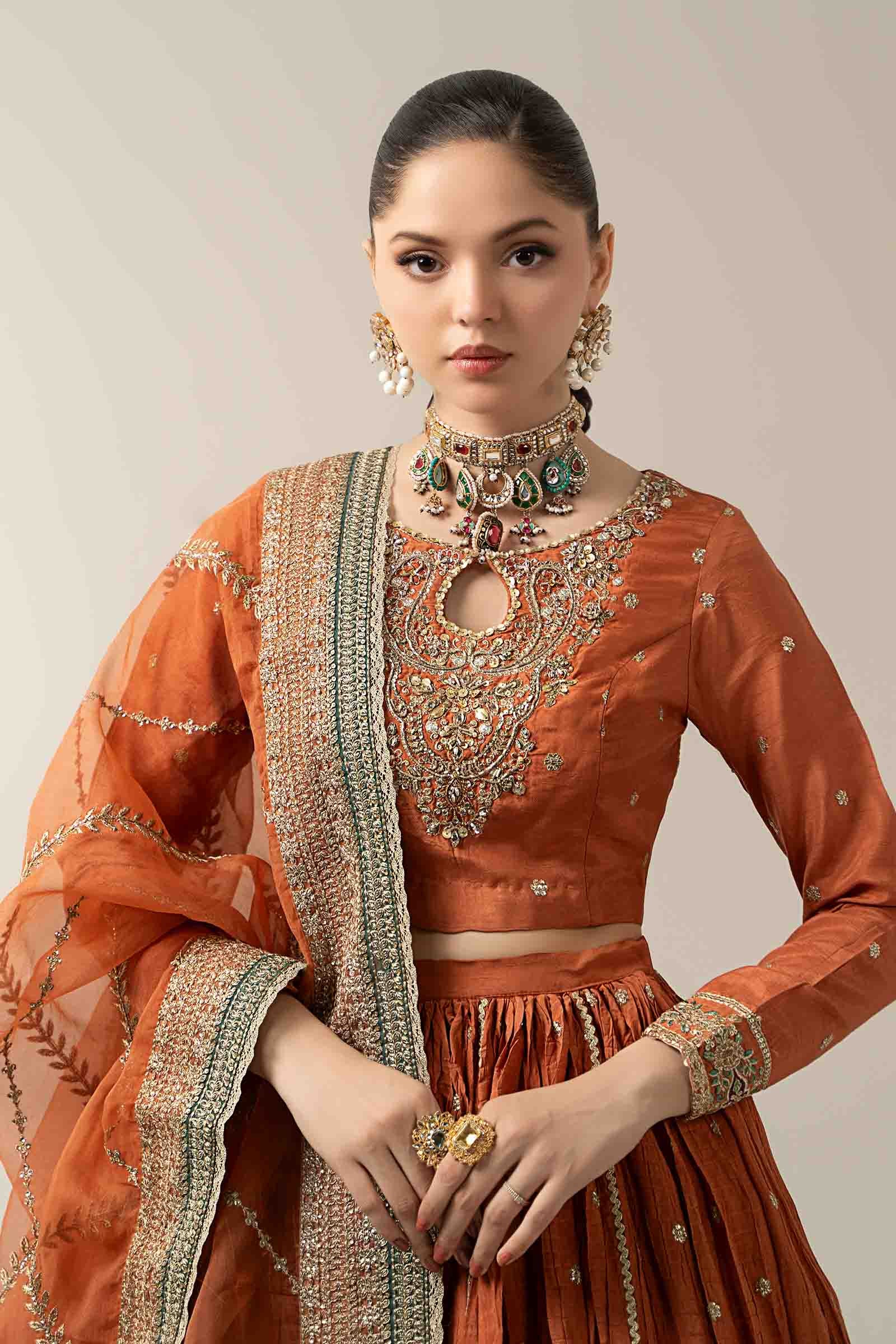 Maria B | Pre Fall Dresses | 3 Piece Embroidered Raw Silk Suit Rust - Official Maria B - Agha Fabrics UK
