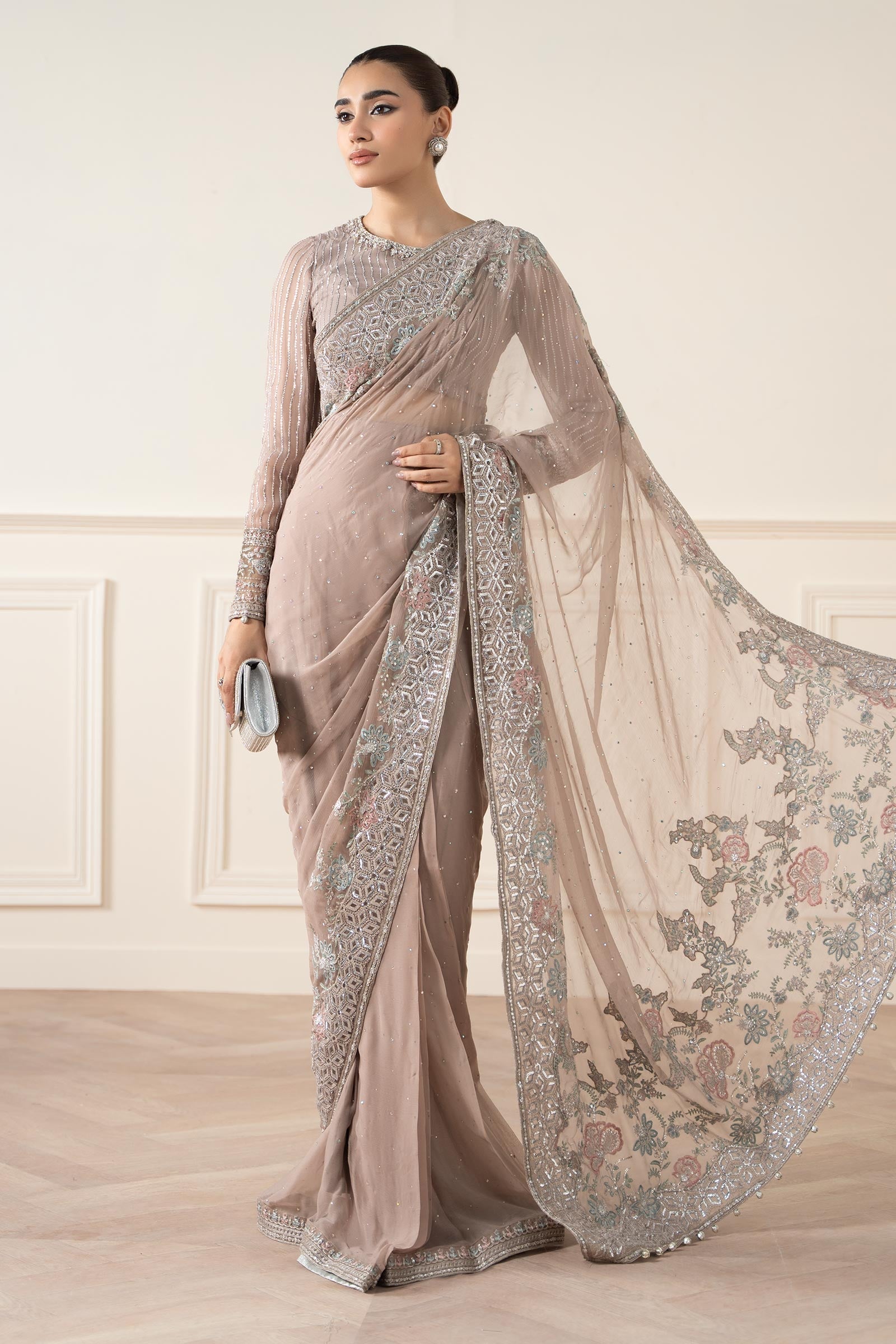 Maria B | Pre Fall Dresses | Embroidered Chiffon Saree FF - Official Maria B - Agha Fabrics UK