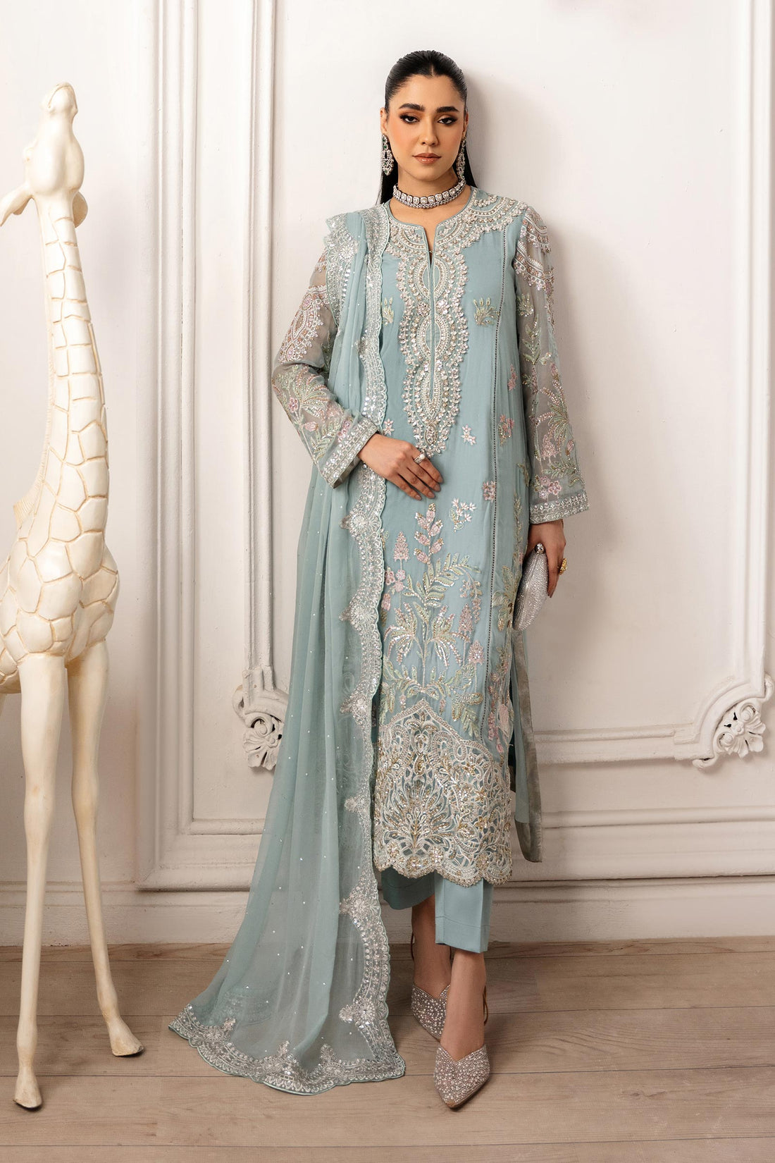 Maria B | Pre Fall Dresses | 3 Piece Embroidered Chiffon Suit Aqua Blue - Official Maria B - Agha Fabrics UK