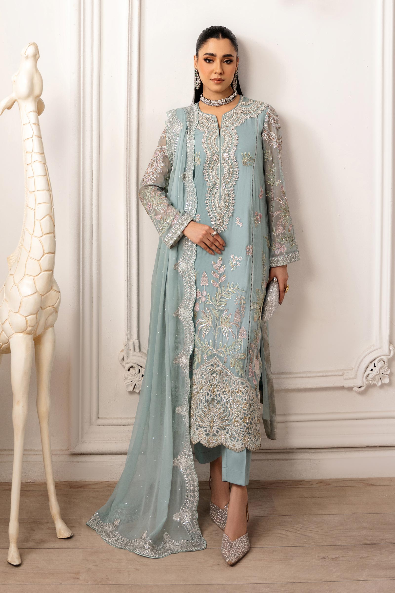 Maria B | Pre Fall Dresses | 3 Piece Embroidered Chiffon Suit Aqua Blue - Official Maria B - Agha Fabrics UK