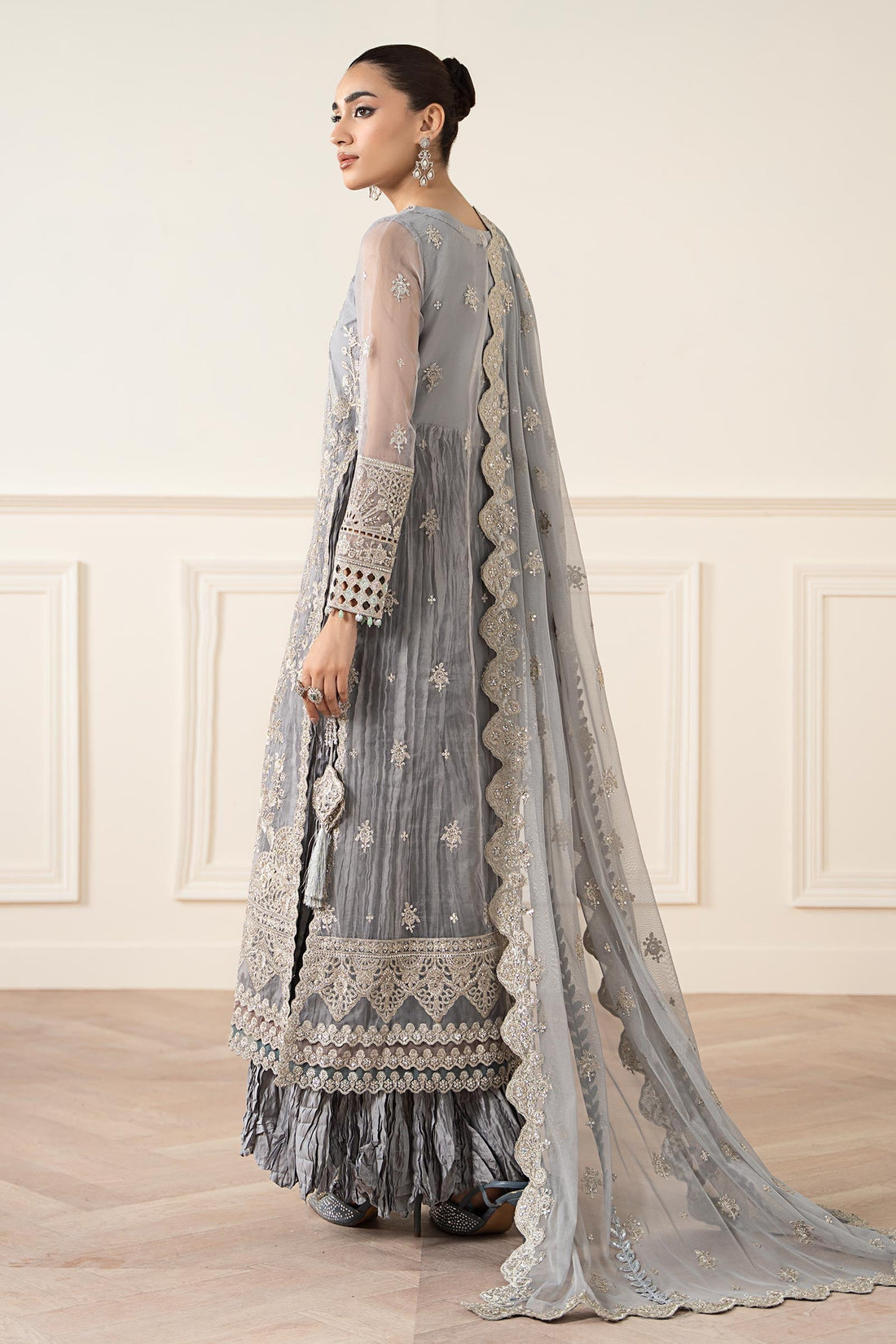 Maria B | Pre Fall Dresses | 3 Piece Embroidered Organza Suit Gray - Official Maria B - Agha Fabrics UK