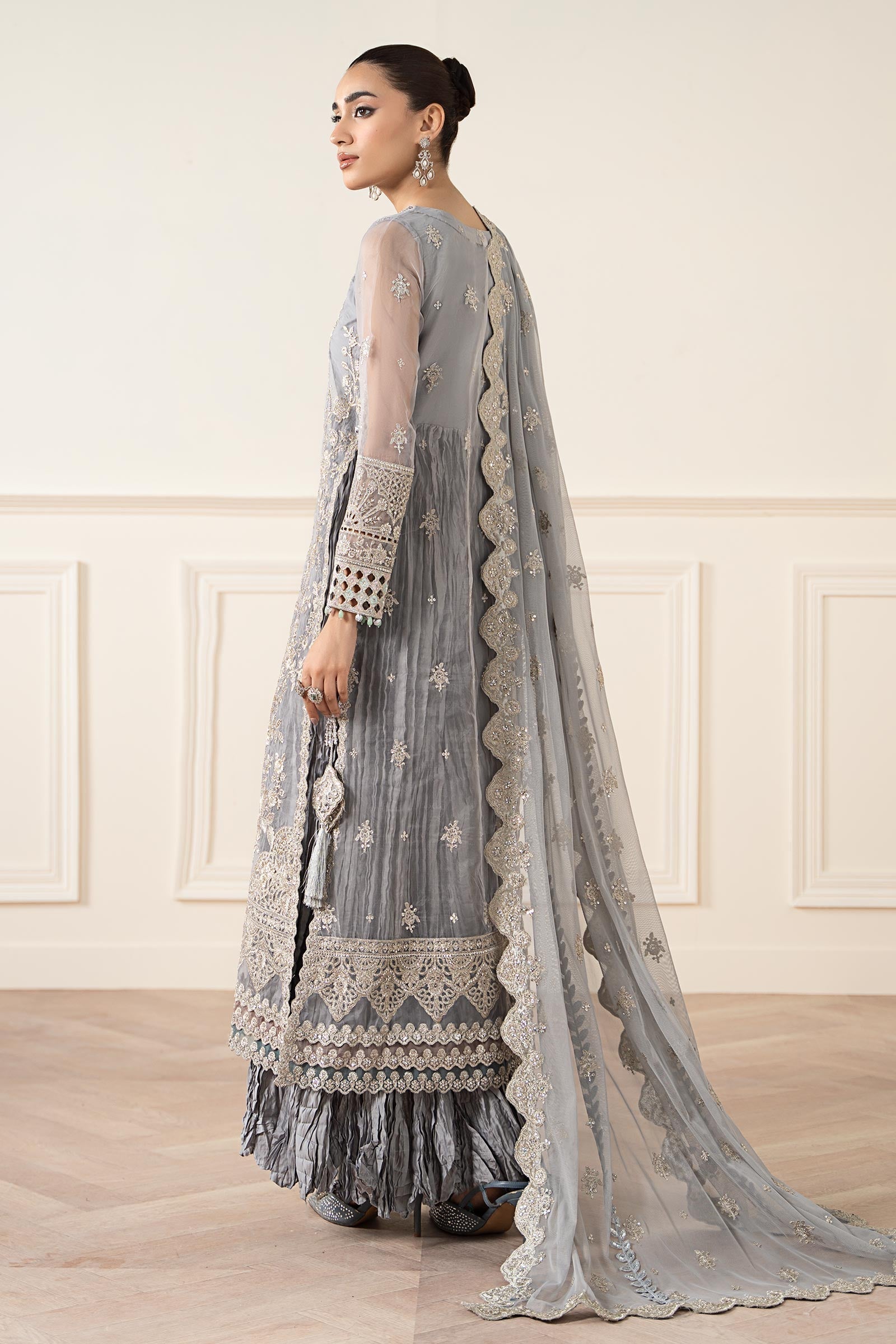 Maria B | Pre Fall Dresses | 3 Piece Embroidered Organza Suit Gray - Official Maria B - Agha Fabrics UK
