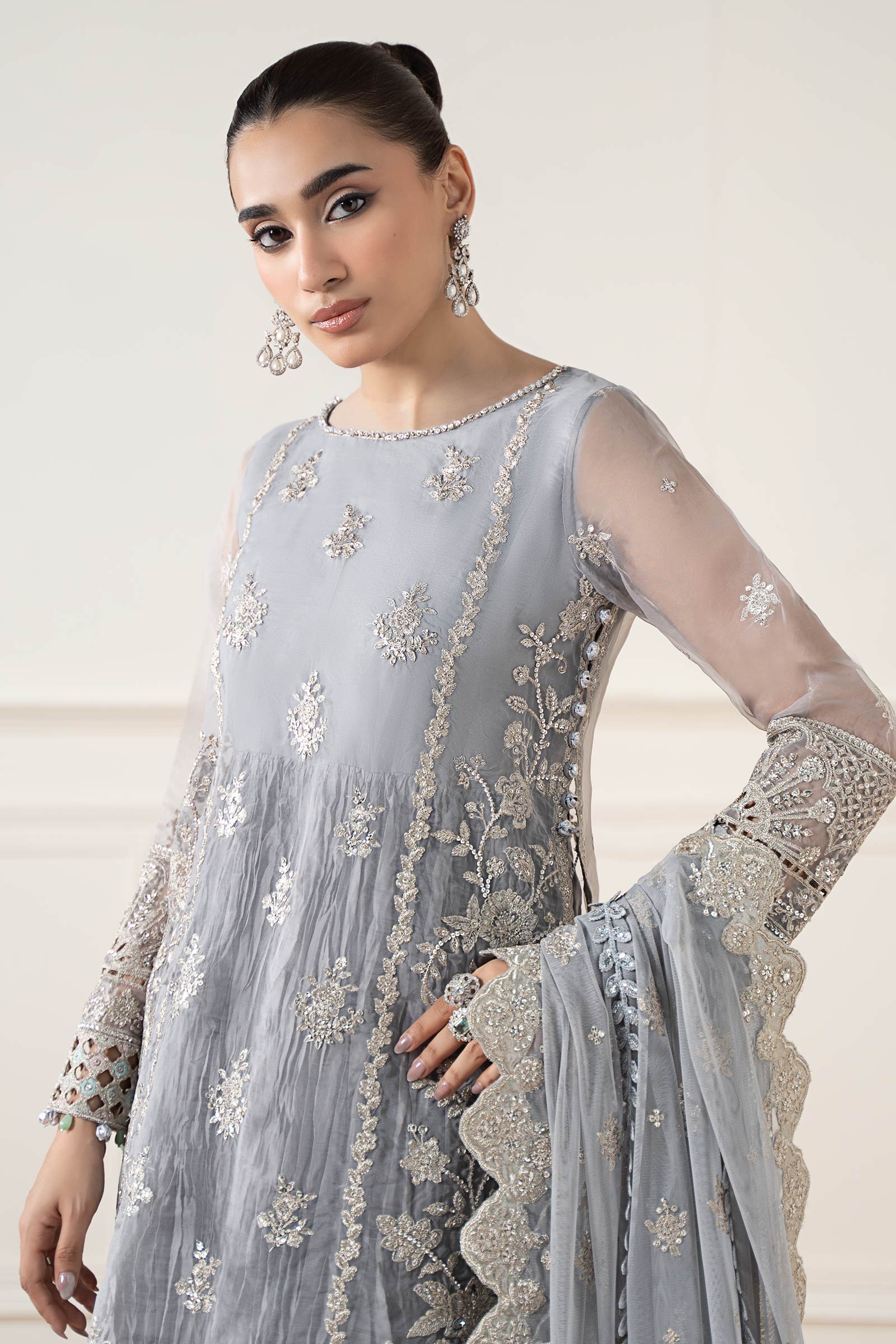 Maria B | Pre Fall Dresses | 3 Piece Embroidered Organza Suit Gray - Official Maria B - Agha Fabrics UK
