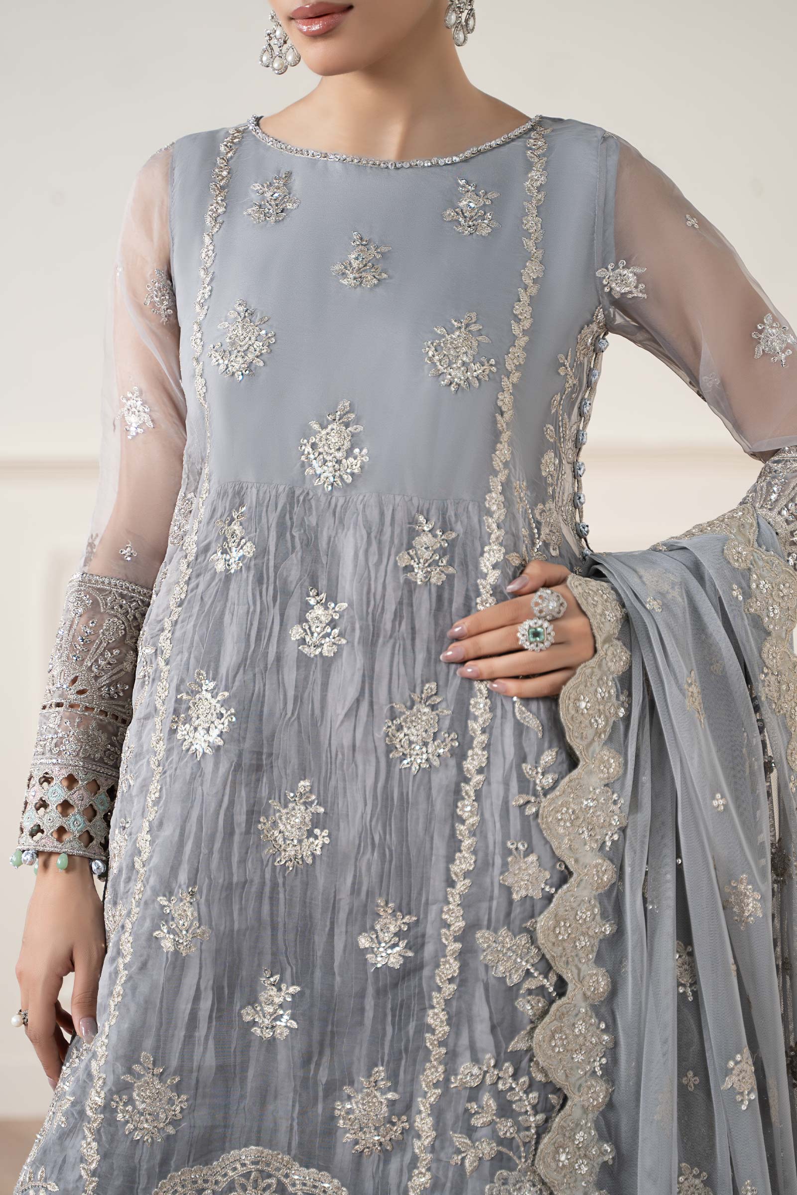 Maria B | Pre Fall Dresses | 3 Piece Embroidered Organza Suit Gray - Official Maria B - Agha Fabrics UK