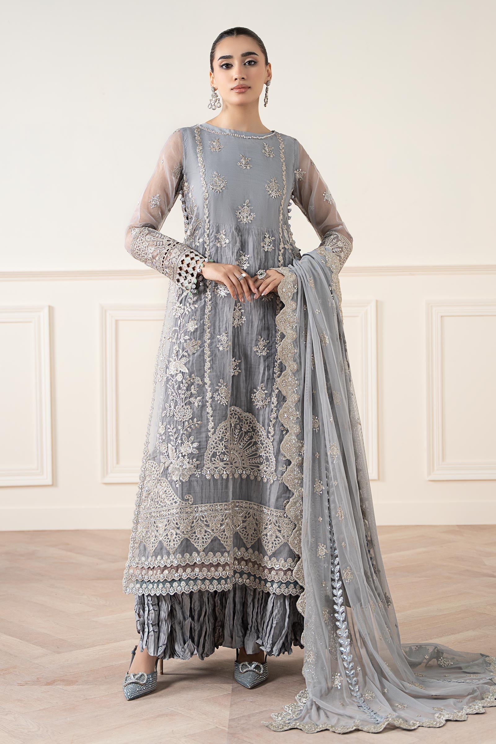 Maria B | Pre Fall Dresses | 3 Piece Embroidered Organza Suit Gray - Official Maria B - Agha Fabrics UK